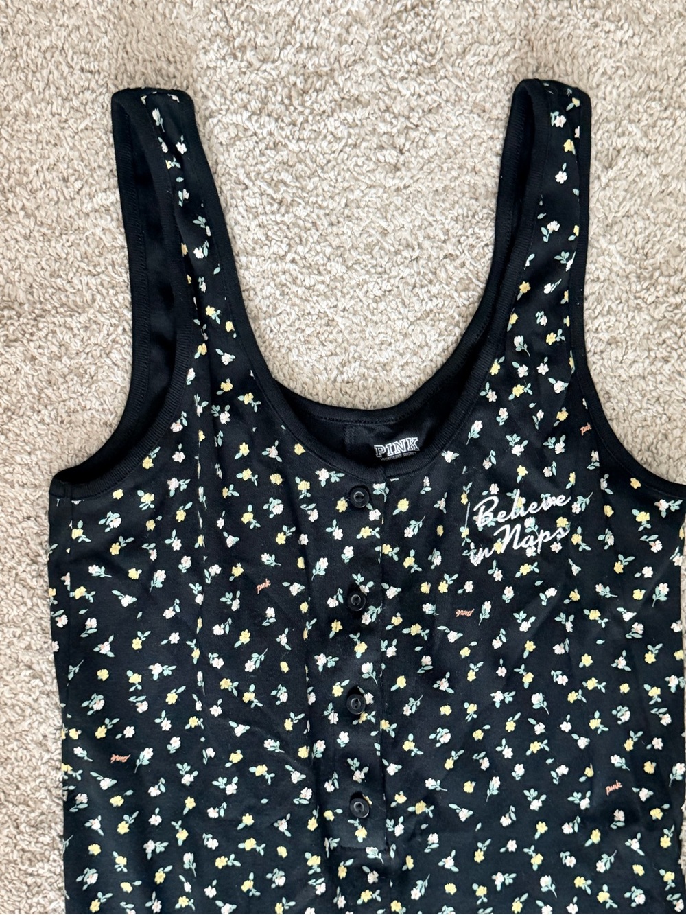 PINK Victoria's Secret Black Daisy-Print Tank Top with 'Believe in Naps' Script